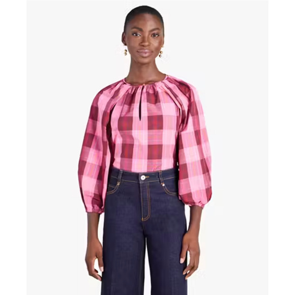 NWOT KATE SPADE Greenhouse Plaid Puff-Sleeve Top in Pink Multicolor Sz M W9313 - Picture 2 of 11